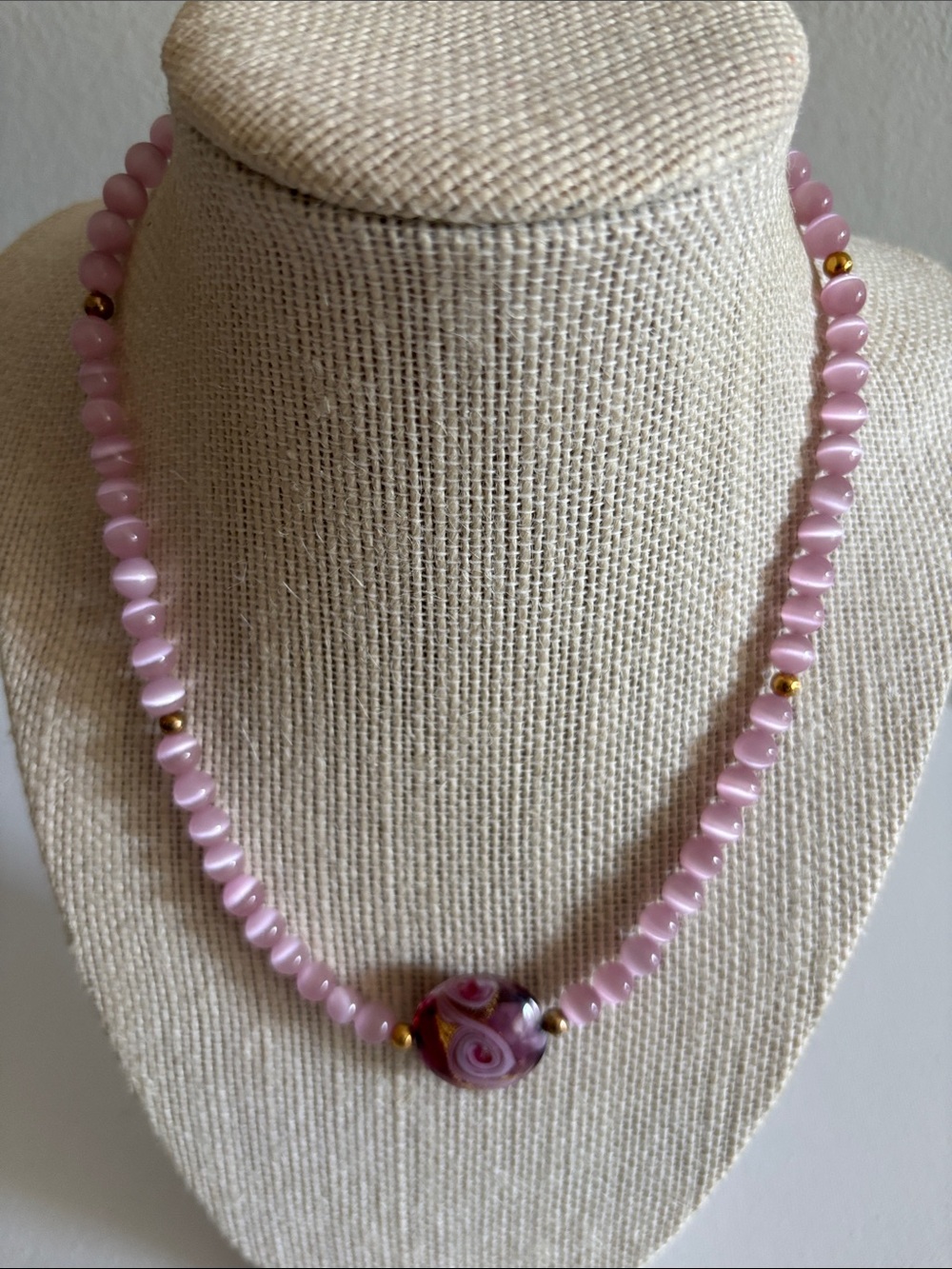 Pink Glass Bead Necklace with Swirled Focal Bead - Unbranded